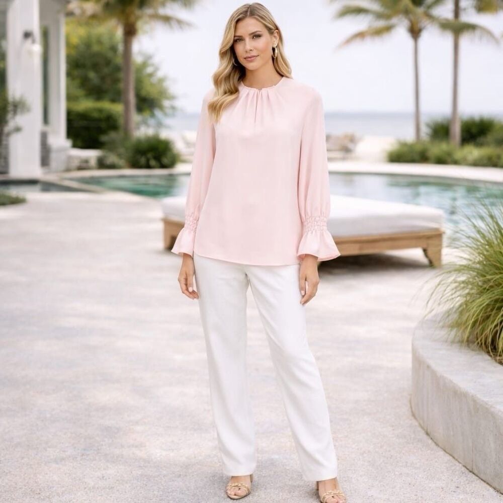 MING WANG New Women’s Top LARGE Pink Ruched Bell Sleeves Blouse‎ Lightweight